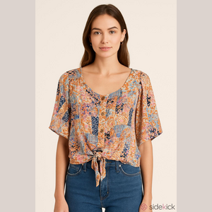 Patchwork Floral Tie-Front Blouse